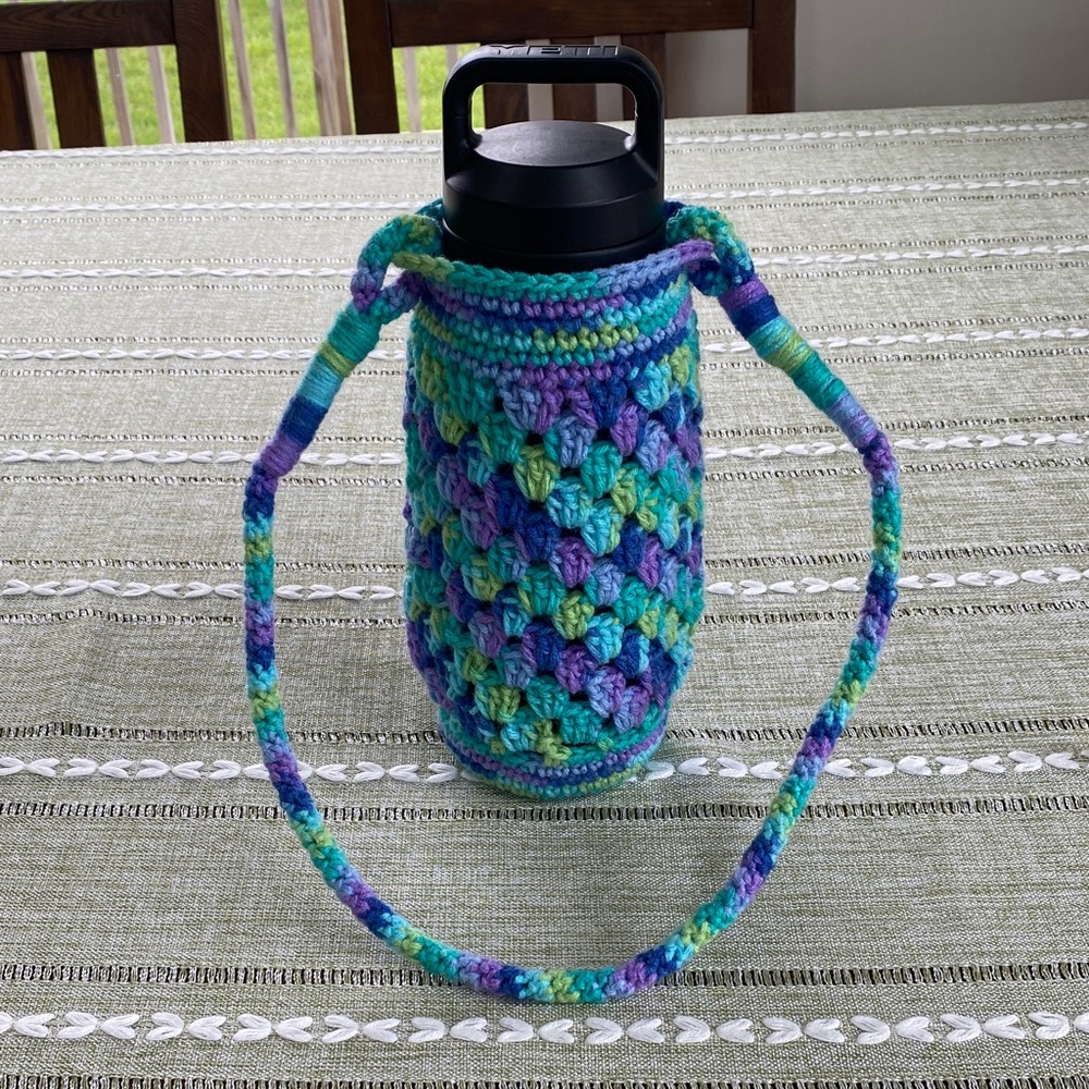 Handmade Crochet Water Bottle Carrier in Teal, Purple & Green